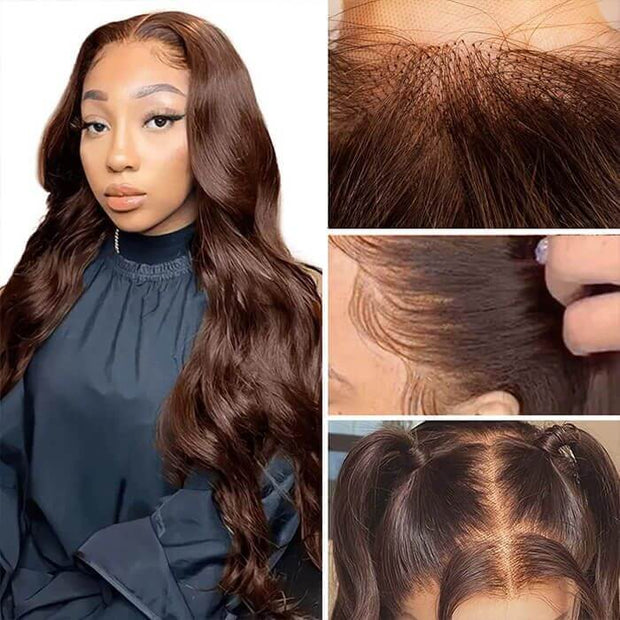 #4 Brown Wig Straight & Body Wave Natural Human Hair Wig Colored Lace Front Wigs