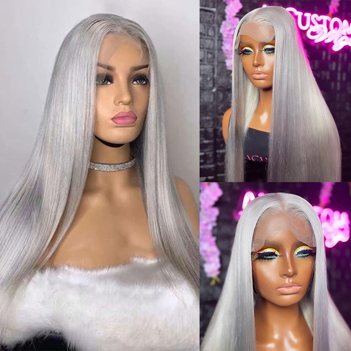 silver gray straight human hair wig