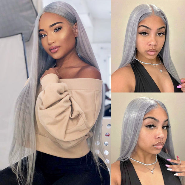 Sliver Gray Color Silky Straight 13x6/5*5 Lace Front Pre Plucked Human Hair Wigs For Women