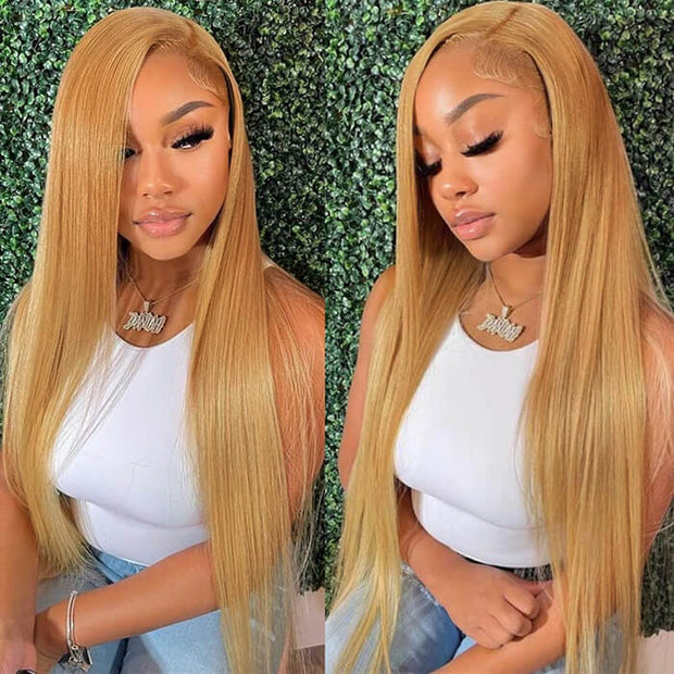 30 Inch Honey Blonde Straight Lace Front Wigs #27 Hair Colored Transparent HD Lace Human Hair Wig