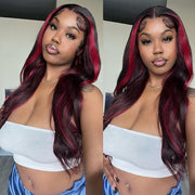 Black Wig With 99J Burgundy Highlight Mixed Colored 13*4/5x5 HD Lace Front Wigs Money Piece Hair