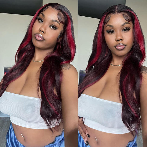Black Wig With 99J Burgundy Highlight Mixed Colored 13*4/5x5 HD Lace Front Wigs Money Piece Hair