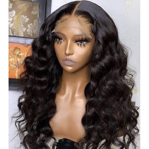 24" Loose Wave Transparent HD Lace 13x4/4x4 Lace Frontal Wig Human Hair Wig Natural Black
