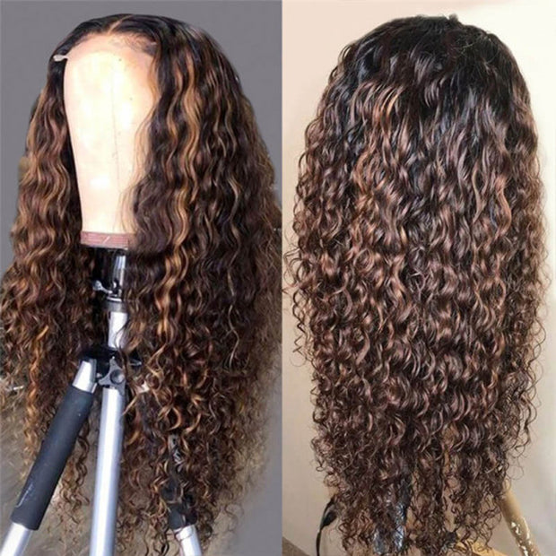 Water Wave Human Hair Lace Front Wigs #1B/30 Highlight Brown Wigs