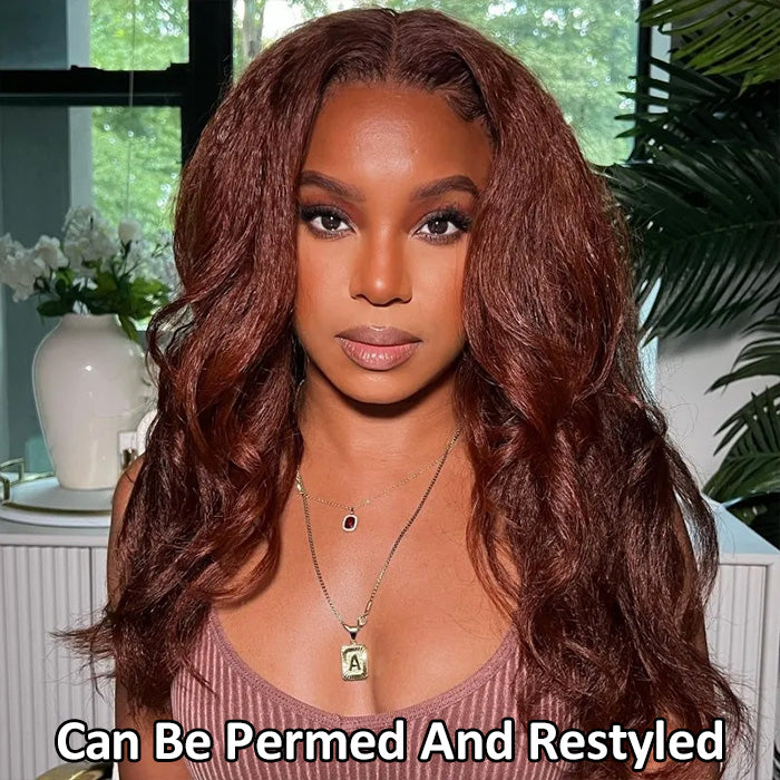 Kinky Straight Brown Auburn Colored Wig Pre Plucked Hairline Glueless HD Lace Human Hair Wigs with Drawstring