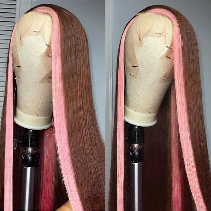 Strawberry Pink & Chocolate Skunk Stripe Color Wig Straight and Body Wave 13*4 Lace Front Wig