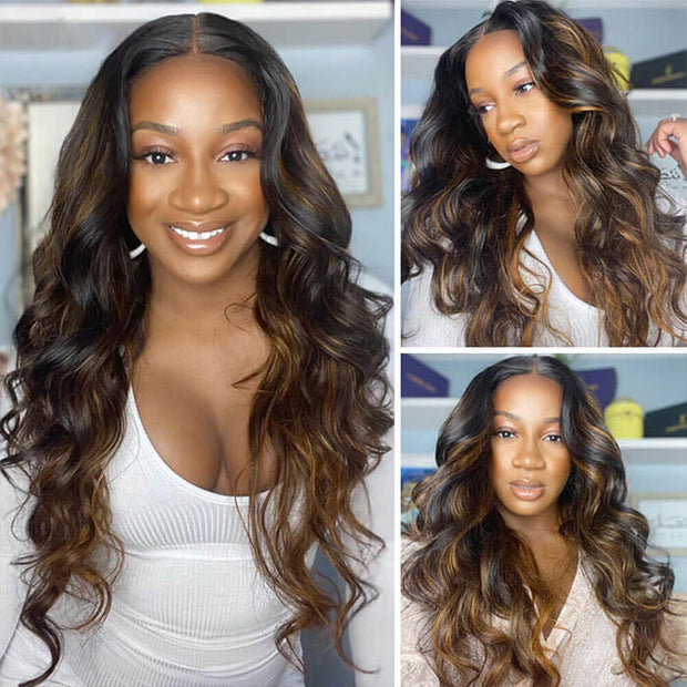 1B/30 Ombre Highlight Balayage Body Wave Wig Glueless 13x4 HD Lace Frontal Wigs Pre Plucked