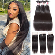 Peruvian Straight Hair 3 Bundles with 4*4 Closure Soft Unprocessed Virgin Human Hair
