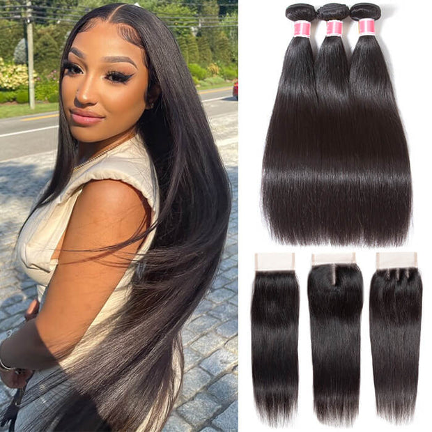 Peruvian Straight Hair 3 Bundles with 4*4 Closure Soft Unprocessed Virgin Human Hair