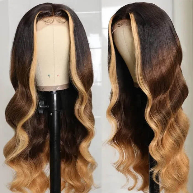 Ombre Lace Front Wigs with Blonde Highlight #T1B/4/27 Three Tone Brazilian Body Wave HD Lace Human Hair Wigs