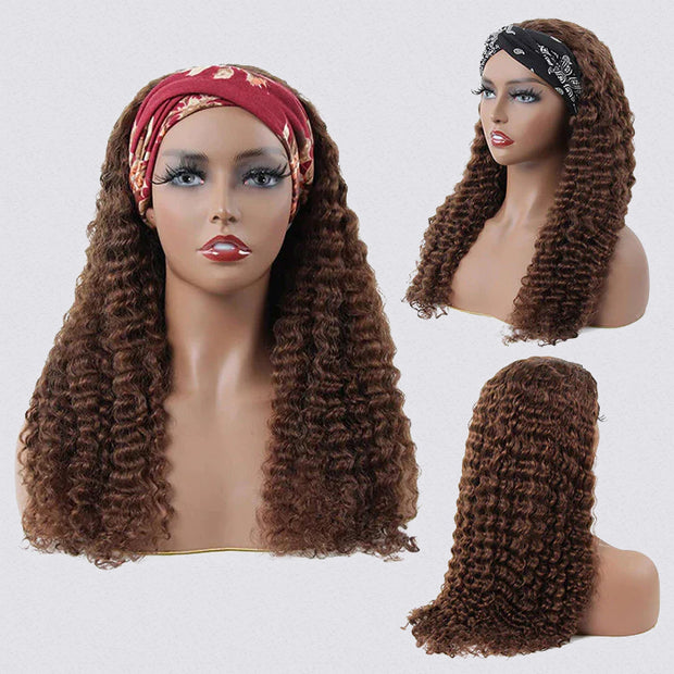 #4 Chocolate Brown Headband Wigs Virgin Human Hair No Gel No Glue Silk Scarf Wigs