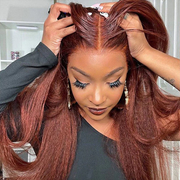 #33 Red Brown Auburn Colored Kinky Straight 13x4/5x5 HD Transparent Lace Frontal Wigs