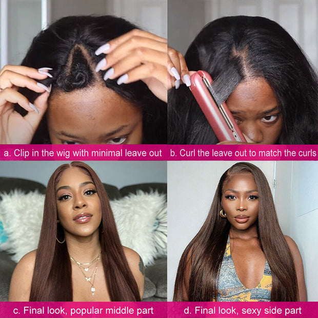 #4 Chocolate Brown Straight V/U Part Wig No Leave Out Glueless Human Hair Wigs Beginner Friendly