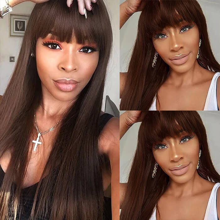 #4 Chocolate Brown Straight Wig With Bangs Glueless Top 2x4 Lace Wig With Bangs