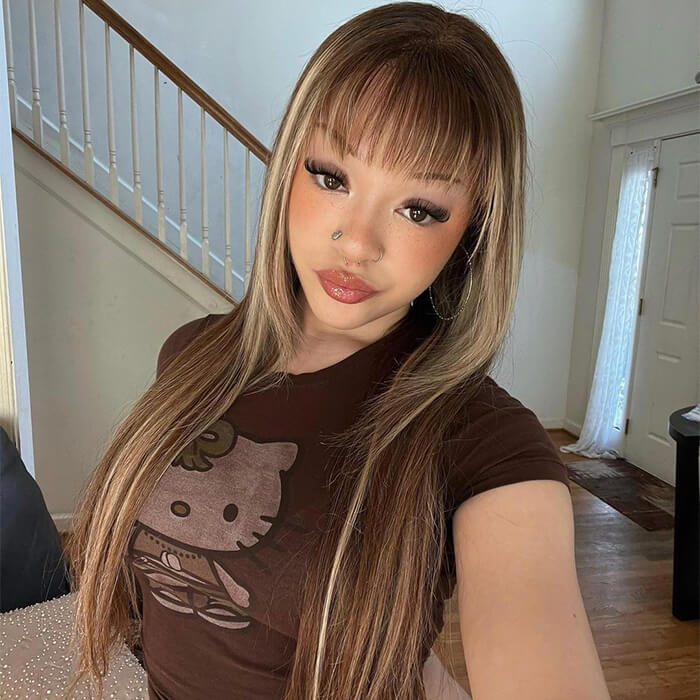 4/27 Honey Blond Highlight Straight Human Hair Wig With Bangs Virgin Human Hair Lace Front Wigs