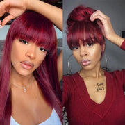 Burgundy 99J Silk Straight Human Hair Wig with Bangs Glueless Top 2x4 Lace Wig Fringe Style