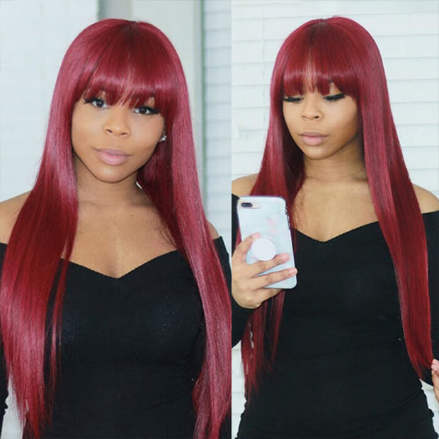 Burgundy 99J Silk Straight Human Hair Wig with Bangs Glueless Top 2x4 Lace Wig Fringe Style