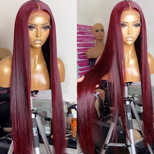 99J Burgundy Straight 13x4/13x6/5x5 Lace Front Human Hair Wig for Women Brazilian Remy Hair Glueless HD Lace Wigs