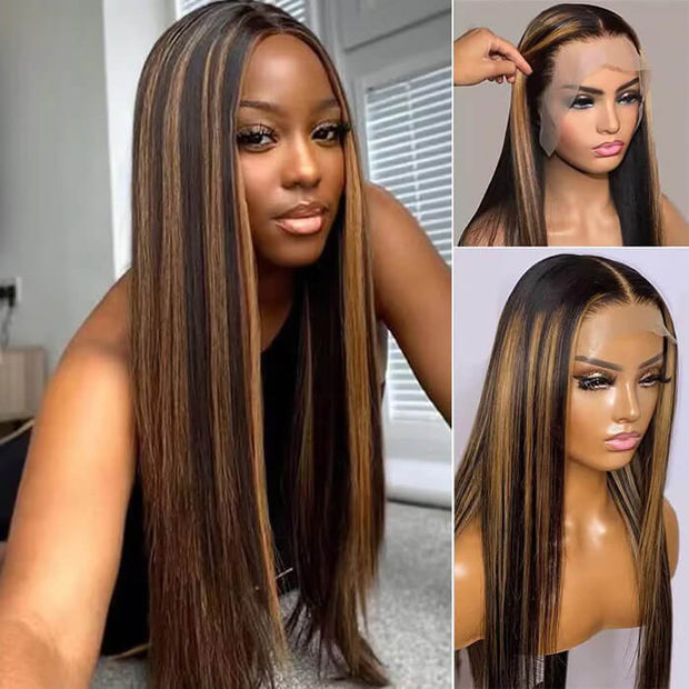 Balayage Highlight 1b/30 Straight HD Lace Frontal Wigs Human Hair Pre Plucked Hairline