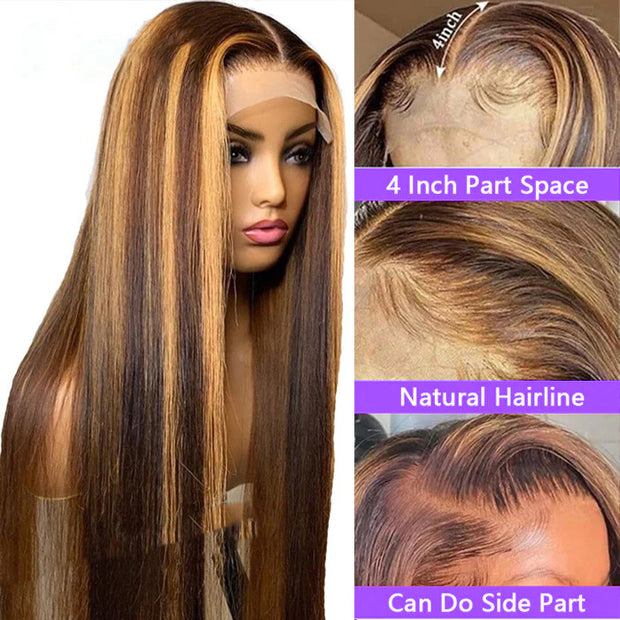 Side Part Straight Black Hair with Blonde Highlights Lace Front