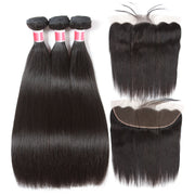 10"-30" Brazilian Straight Virgin Hair Weave 3 Bundles With Lace Frontal 13x4 Ear To Ear