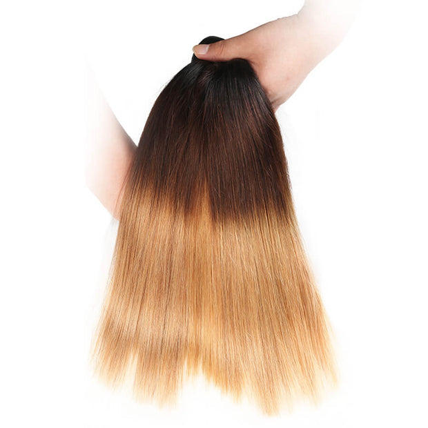 Ombre T1b/4/27 Brazilian Straight Hair 3 Bundles with Closure 100% Unprocessed Virgin Human Hair