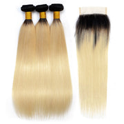 Ombre T1B/613 Blonde Brazilian Straight Hair 3 Bundles With 4*4 Closure Virgin Human Hair