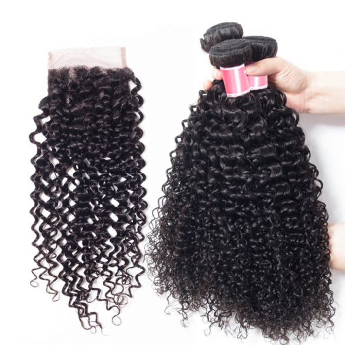 Peruvian Curly Hair 4 Bundles with 4*4 Closure Soft Unprocessed Virgin Human Hair