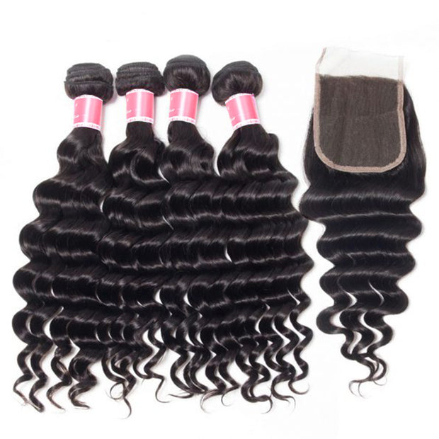 Malaysian Loose Deep Wave 4 Bundles With 4x4 Lace Closure Human Hair Closure With Bundle Deals