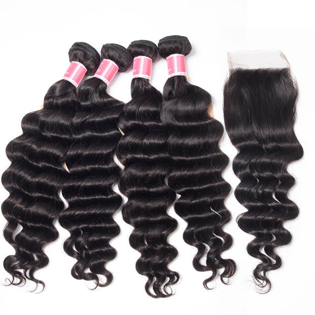 Malaysian Loose Deep Wave 4 Bundles With 4x4 Lace Closure Human Hair Closure With Bundle Deals