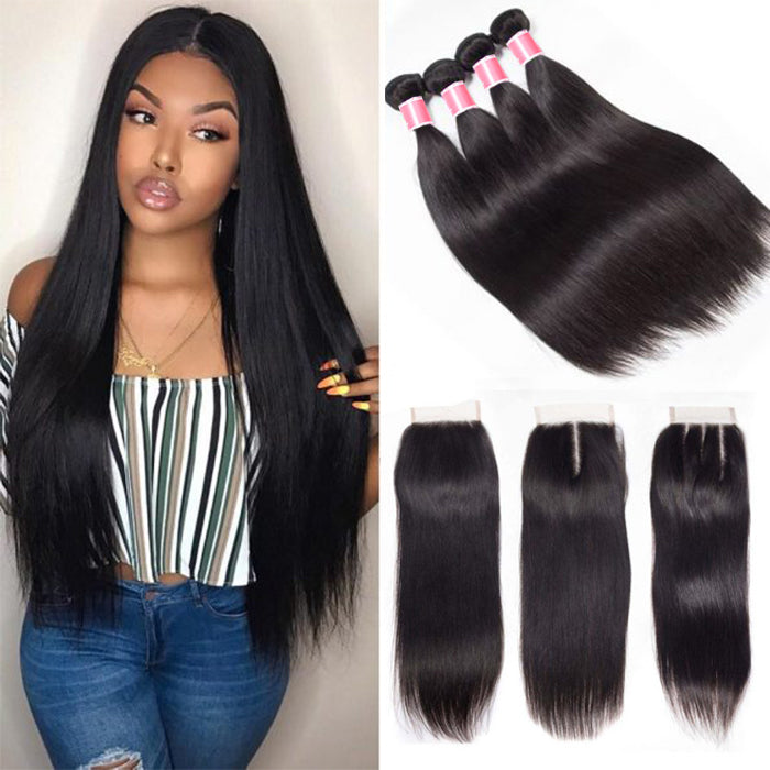 Peruvian Straight Hair 4 Bundles with 4*4 Closure Soft Unprocessed Virgin Human Hair