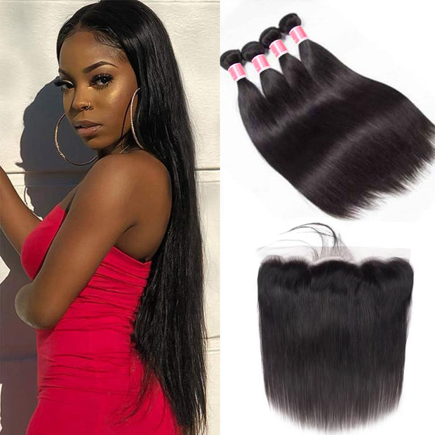 Peruvian Straight Hair 4 Bundles With 13x4 Lace Frontal 10A Virgin Human Hair Bundles With Frontal Deal