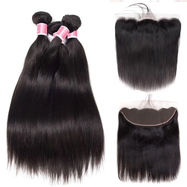 Peruvian Straight Hair 4 Bundles With 13x4 Lace Frontal 10A Virgin Human Hair Bundles With Frontal Deal