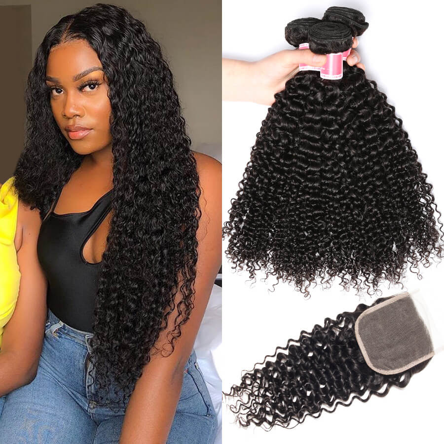 Peruvian Curly Hair 3 Bundles With 4x4 Transparent Lace Closure Remy Hair Weave