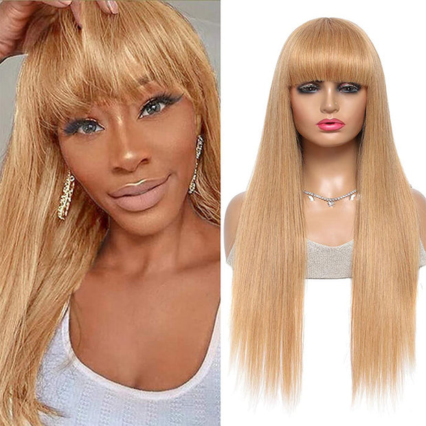 #27 Honey Blonde Human Hair Wigs with Bangs 13x4 HD Lace Wig/Full Machine Made Wig With Bangs