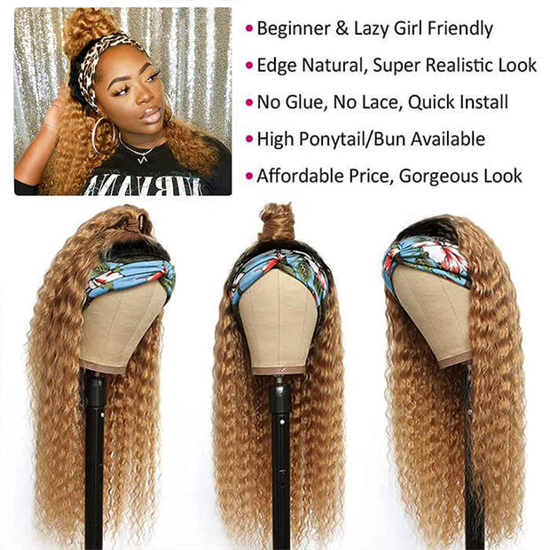 #27 Honey Blonde Headband Wigs Deep Wave Virgin Human Hair