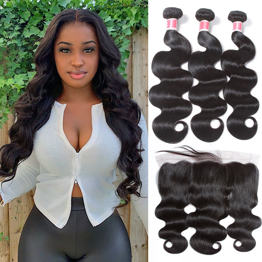 Peruvian Body Wave Virgin Hair Weave 3 Bundles With 13*4 Lace Frontal