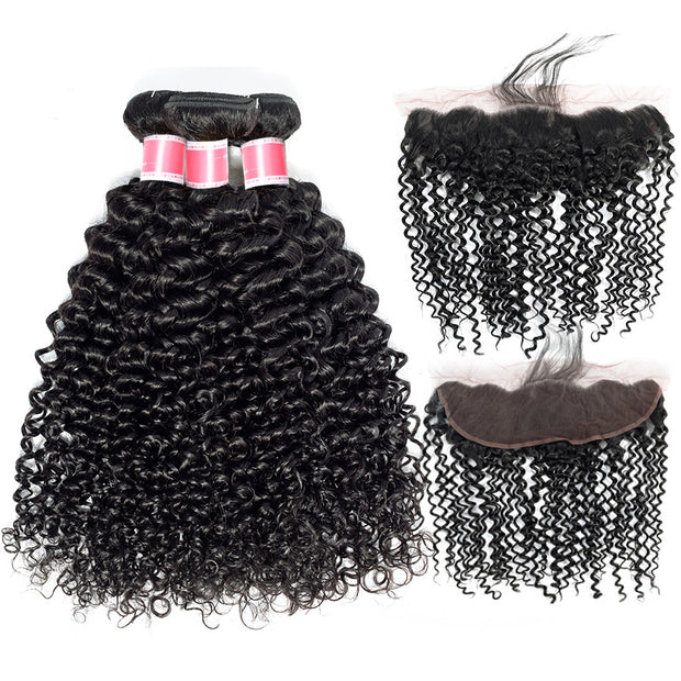 Wholesale Brazilian Curly Hair Weave 3 Bundles with 13x4 Lace Frontal