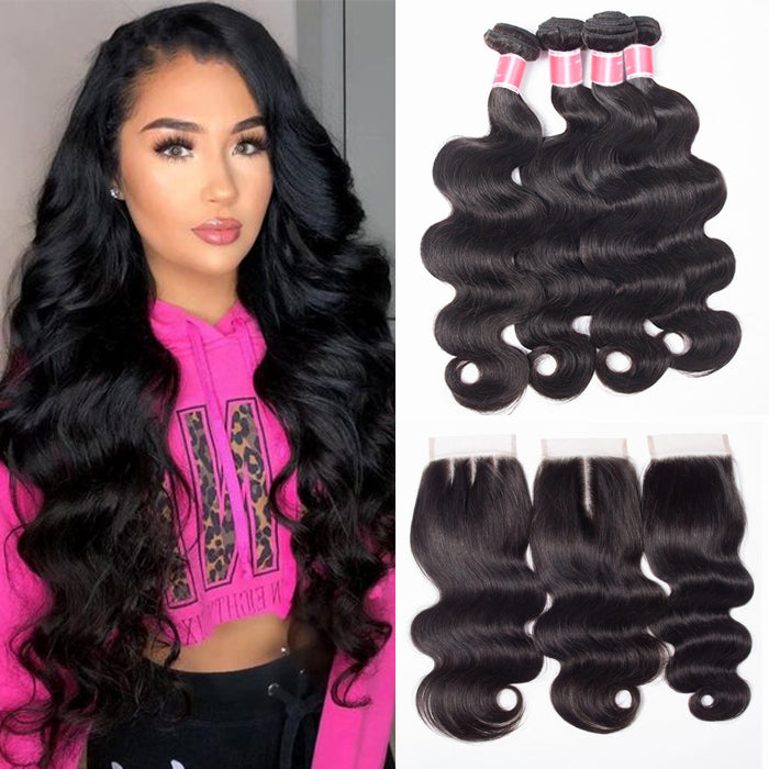 Malaysian Body Wave 4 Bundles With 4x4 Lace Closure Human Hair Closure With Bundle Deals