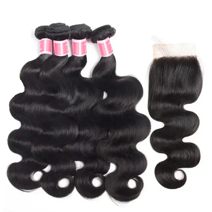 Malaysian Body Wave 4 Bundles With 4x4 Lace Closure Human Hair Closure With Bundle Deals