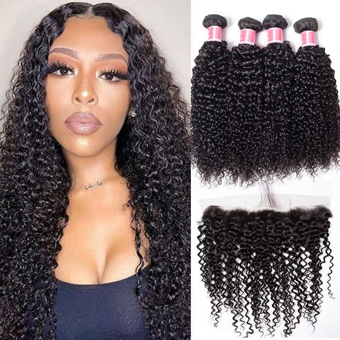 Peruvian Curly Hair 4 Bundles With 13x4 Lace Frontal 10A Virgin Human Hair Bundles With Frontal Deal