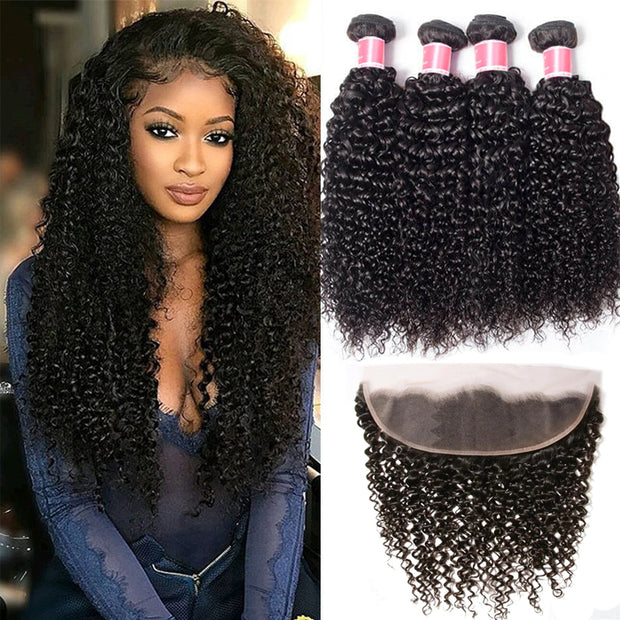 Malaysian Curly Hair 4 Bundles With 13X4 Ear To Ear Lace Frontal Natur ...