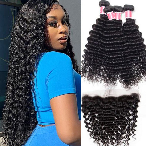 Peruvian Deep Wave 4 Bundles With 13x4 Lace Frontal 10A Virgin Human Hair Bundles With Frontal Deal