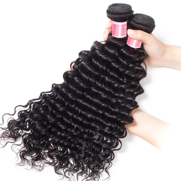 Malaysian Deep Wave 4 Bundles With 13X4 Ear To Ear Lace Frontal Natural Color
