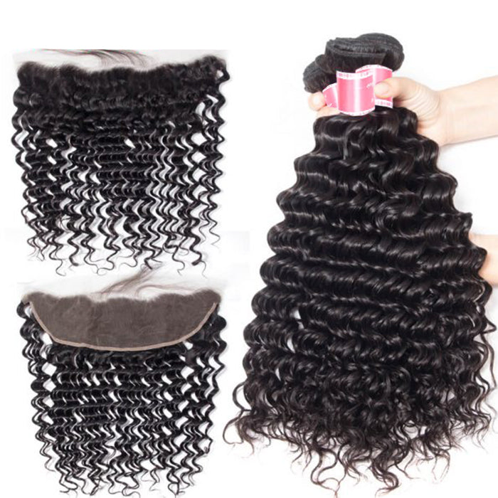 Peruvian Deep Wave 4 Bundles With 13x4 Lace Frontal 10A Virgin Human Hair Bundles With Frontal Deal