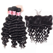 Peruvian Loose Deep Wave 4 Bundles With 13x4 Lace Frontal 10A Virgin Human Hair Bundles With Frontal Deal
