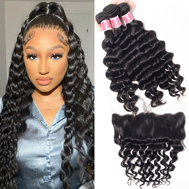 Malaysian Loose Deep Wave 4 Bundles With 13X4 Ear To Ear Lace Frontal Natural Color