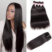 Malaysian Straight Hair 4 Bundles With 4x4 Lace Closure Human Hair Closure With Bundle Deals