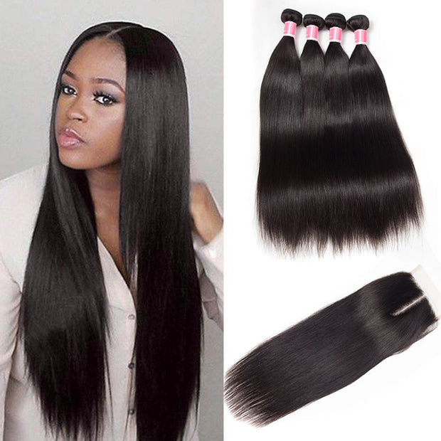 Malaysian Straight Hair 4 Bundles With 4x4 Lace Closure Human Hair Closure With Bundle Deals