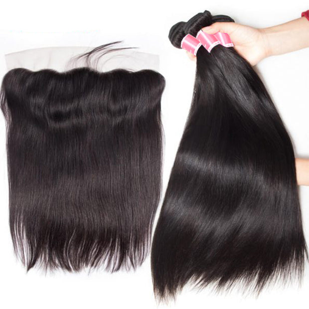 Malaysian Straight Hair 4 Bundles With 13X4 Ear To Ear Lace Frontal Natural Color